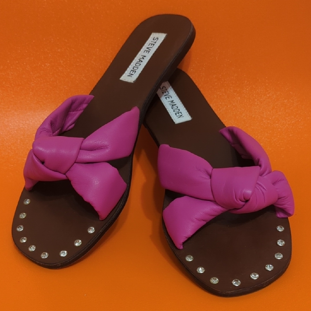 Steve Madden Pink and Brown Bow Slide Sandals - Picture 6 of 8